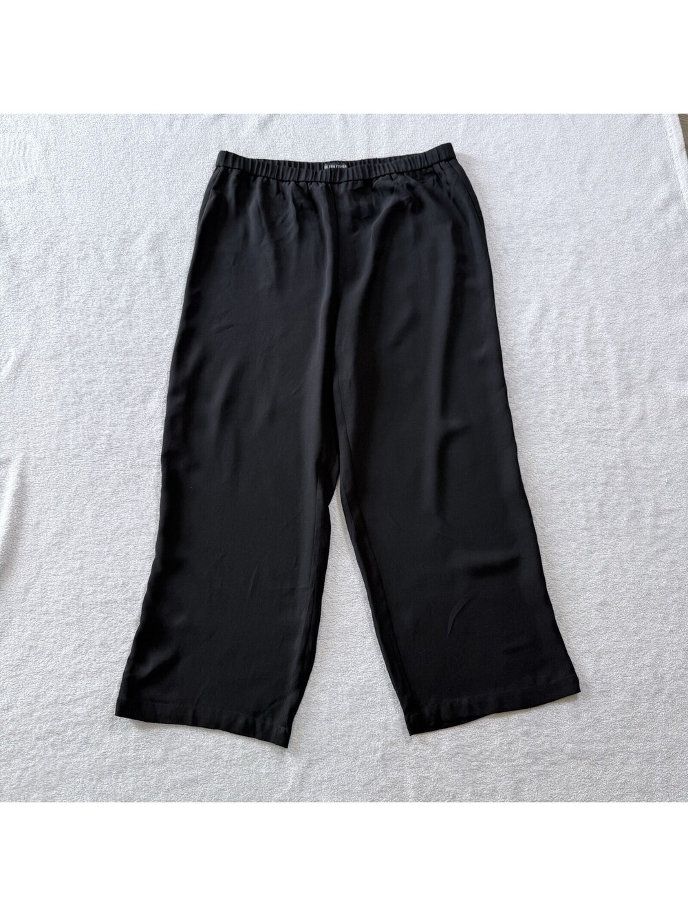 EILEEN FISHER Pants Small Silk Georgette Straight Ankle Elastic Waist Black